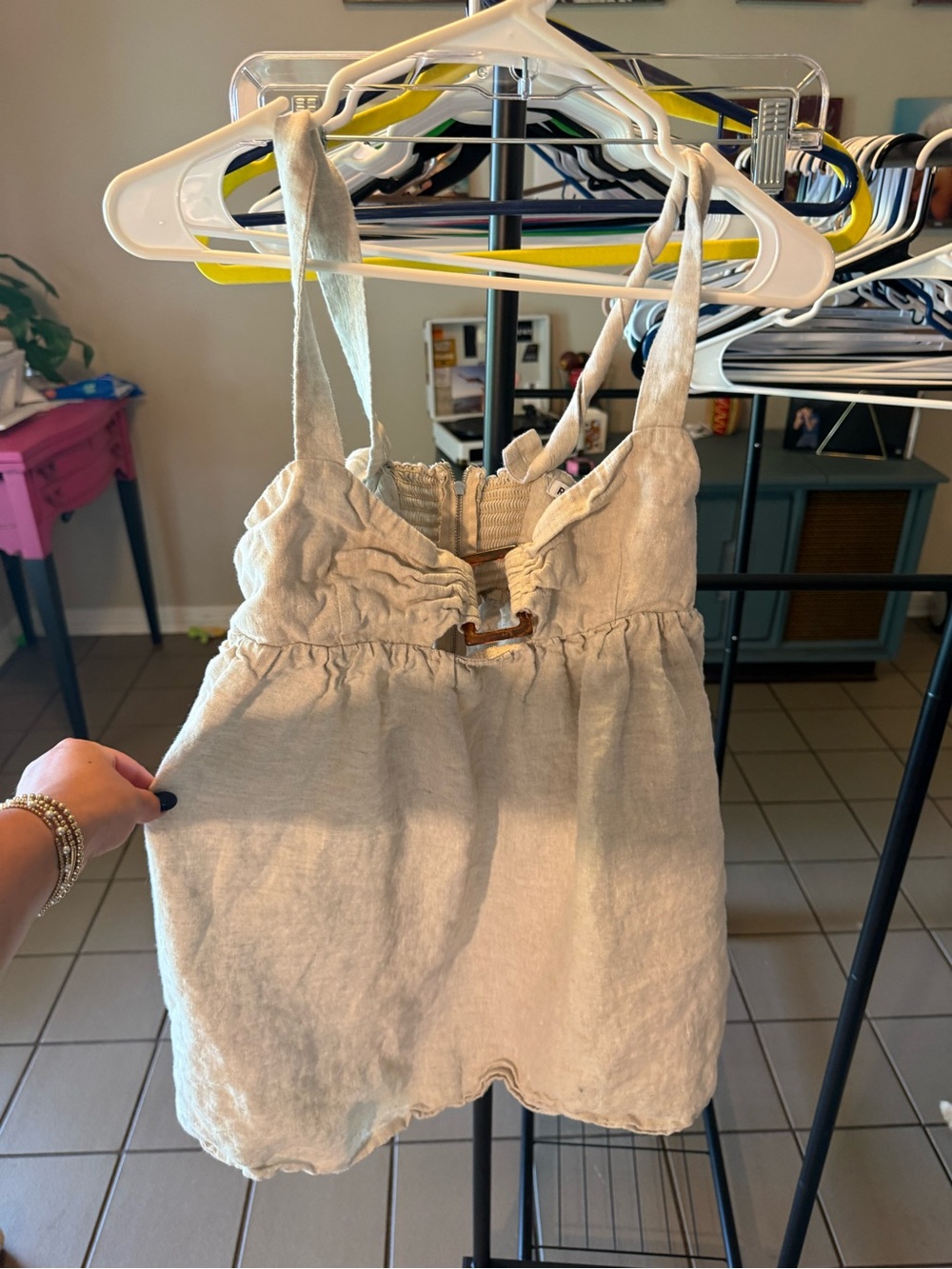 Reformation Cream Linen Tie-Strap Tank Top